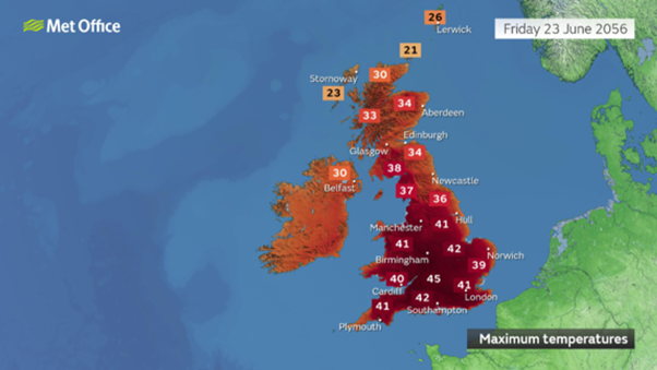 A weather report-style graphic of the UK showing viable temperatures in the year 2056.