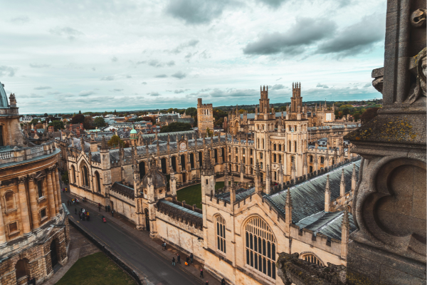 An elevated side view of some of Oxford's historic university buildings