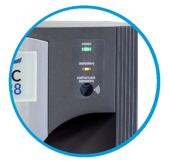 Contactless water cooler dispenser with green power led light and amber dispensing led light.