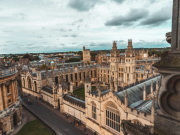 An elevated side view of some of Oxford's historic university buildings